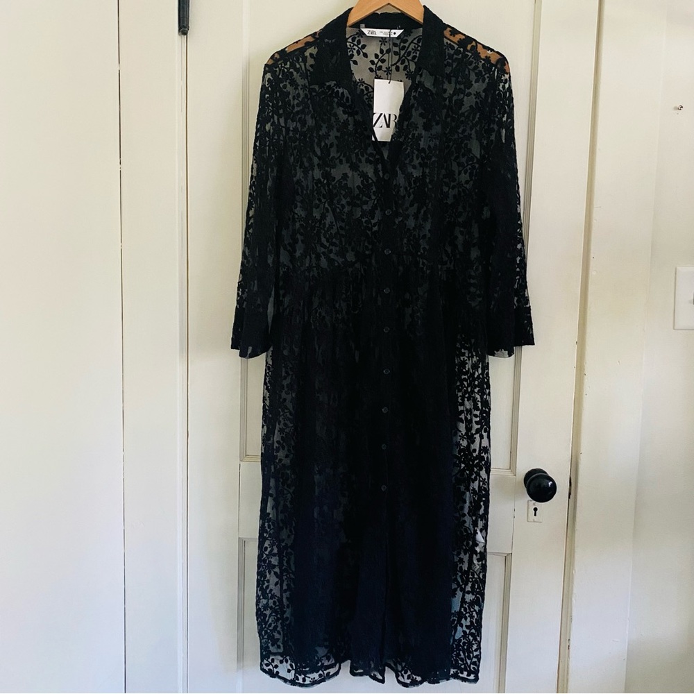 Zara Black Floral Lace Robe Kimono Dress Coverup Size L - Picture 5 of 10